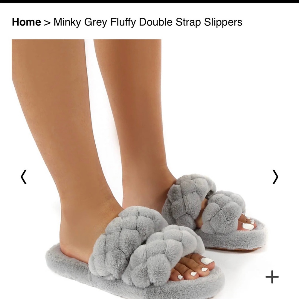 Brand new in package. Public Desire Sz 6 grey fuzzy slippers. Originally $42